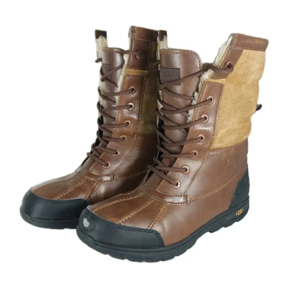 UGG Butte Il Youth US6 /W US7 Brown Leather Sheepskin Lined Lace Up Winter Boots